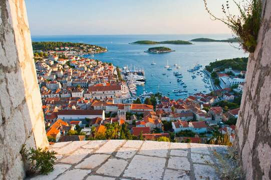 Panoramic photo of Hvar Town at sunset taken from the Spanish Fort (Tvrdava Spanjola), Hvar Island, Croatia