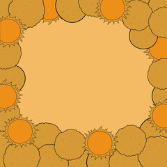 Background for Shrovetide with with pancakes and suns in hand drawn style. Yellow frame. EPS 10.