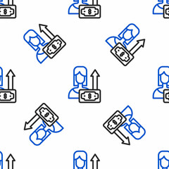 Line Money growth woman icon isolated seamless pattern on white background. Income concept. Business growth. Investing, savings and managing money concept. Colorful outline concept. Vector