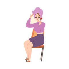 Young girl with towel on her head and cosmetic patches under her eyes sitting on chair. Beauty blogger cartoon vector illustration