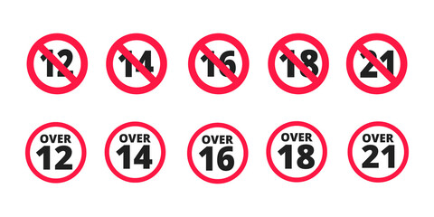 Adults content only age restriction 12, 14, 16, 18, 21 plus years old icon signs set flat style design vector illustration. Sensitive content age plus and adults only concept symbols.