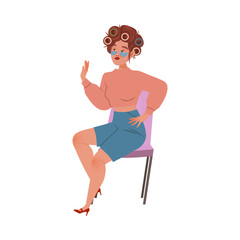 Young girl with curlers and cosmetic patches under her eyes sitting on chair and talking cartoon vector illustration