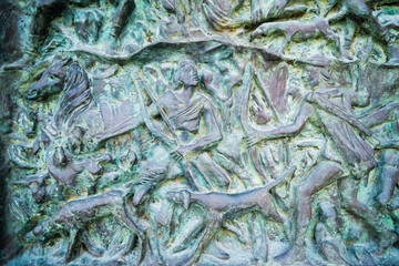 Details on the door to Noto Cathedral (St Nicholas Cathedral, Cattedrale di Noto), a Baroque building in Noto, Val di Noto, UNESCO World Heritage Site, Sicily, Italy, Europe