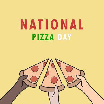 Vector Illustration People Having Slice Of Pizza On National Pizza Day. People Sharing Pepperoni Pizza.