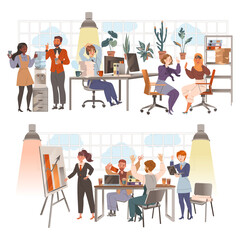 Set of business people working. Office employees working on project and communicating cartoon vector illustration