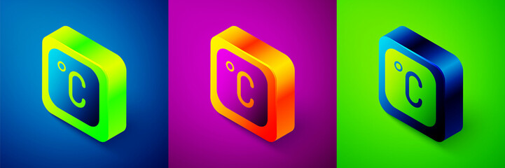 Isometric Celsius icon isolated on blue, purple and green background. Square button. Vector