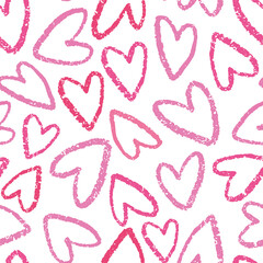 Heart pattern background. Cute Valentine vector seamless repeat pattern design of red and pink hand drawn textured love hearts. 