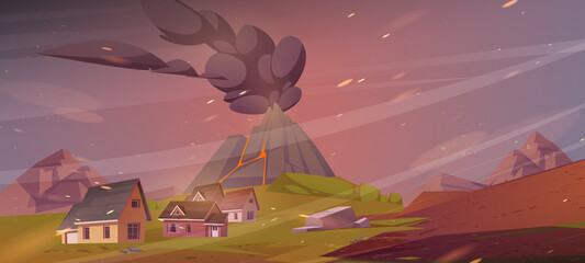 Volcano eruption scene with cottages covered with steam and ashes fall from volcanic crater. Natural disaster, apocalypse background with houses at rock foot under dark sky Cartoon Vector illustration