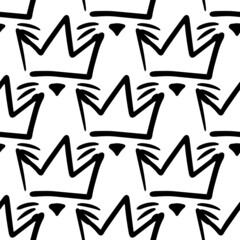 Doodle pattern crowned cat. Seamless background with cat head sketch with crown. Black line sketch art icon. Cute cartoon kids design. Outline drawing logo minimal style.