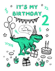 Happy birhday boy 2 years dino. Cute dinosaur doodle card and poster. Funny Dino collection. Textile design for baby boy on white background. Cartoon monster vector illustration. © Sopelkin