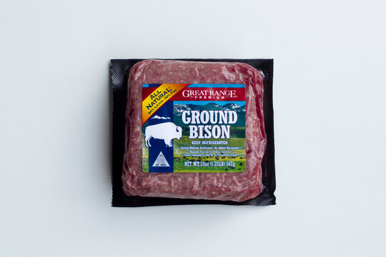 Portland, OR, USA - Apr 10, 2020: Great Range premium ground bison product with raised without antibiotics and no added hormones claims, isolated on a white background.