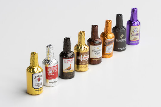 Portland, OR, USA - Nov 1, 2021: Anthon Berg Selection of Liquor-Filled Dark Chocolates isolated on a white background. Alcohol consumption concept.