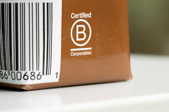Portland, OR, USA - Nov 1, 2021: B Corporation label on a bottle of Stumptown cold brew coffee. B Corp is a private certification of for-profit companies of their social and environmental performance.