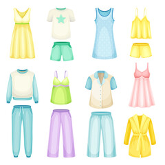 Sleepwear for women. Pajamas, nightgown, bathrobe, textile night clothes cartoon vector illustration