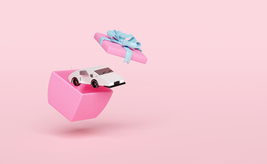3d toy white sports car radio with pink gift box isolated on pink background. concept minimal abstract, 3d render illustration
