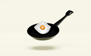 Fried eggs on frying pan for healthy breakfast fried egg isolated on cream color background. Concept 3d illustration, 3d render