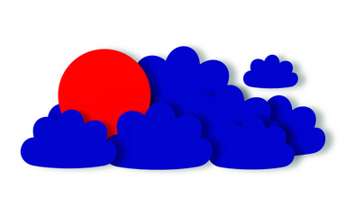 Blue cute clouds and red sun isolated on white background in paper cut style. Modern clear weather forecast design. Horizontal poster with sky and slightly cloudy weather. vector