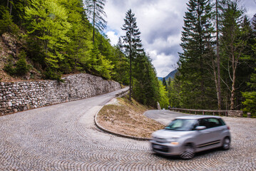 Slovenia. Driving on the Vrsic Pass, a windy road through the Julian Alps near Kranjska Gora,...