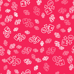 White line Tax carton cardboard box icon isolated seamless pattern on red background. Box, package, parcel sign. Delivery and packaging. Vector