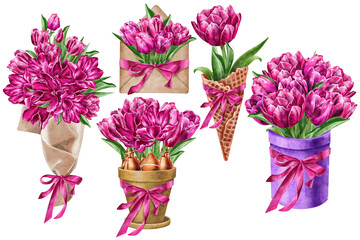 Festive bouquets with red tulips