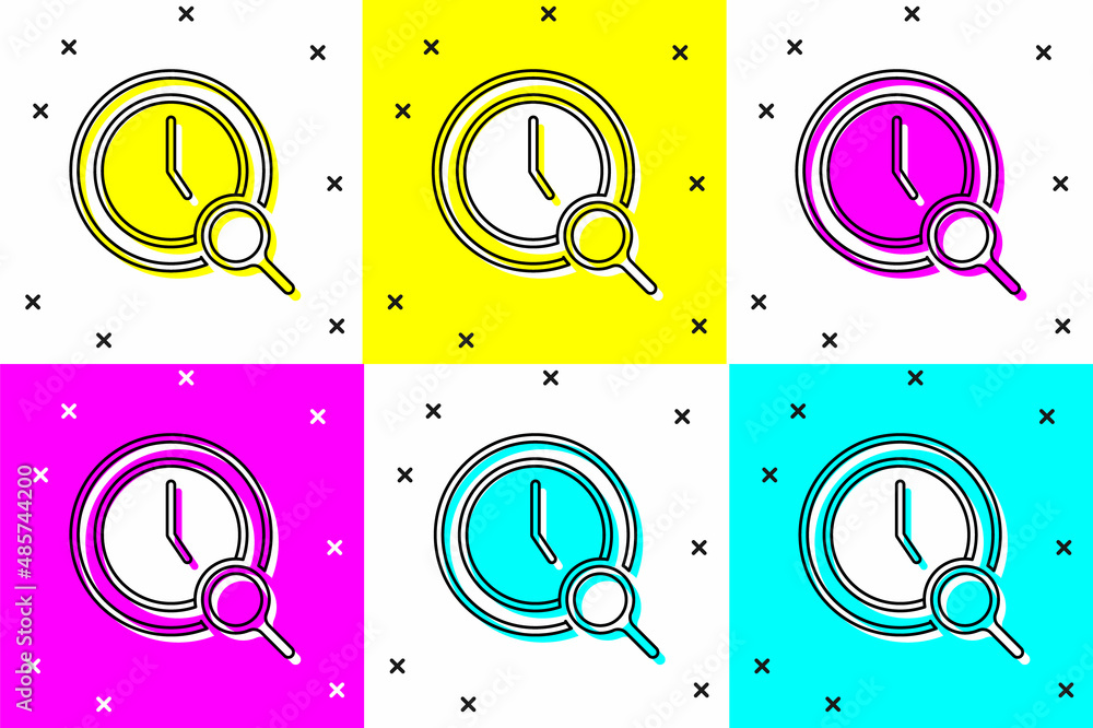 Poster set magnifying glass with clock icon isolated on color background. clock search. vector