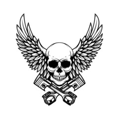 Fototapeta premium Winged skull with crossed pistons. Design element for emblem, sign, badge, logo. Vector illustration