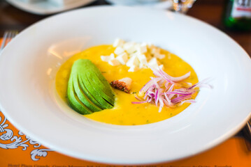 Locro de Papa, a traditional Ecuadorian Potato Soup at Plaza Grande Hotel, Independence Square, Historic Centre of Quito, Ecuador, South America