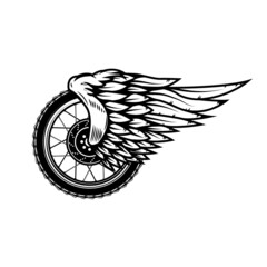 Winged wheel in monochrome style. Design element for logo, label, sign, emblem. Vector illustration