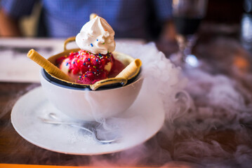 Ice cream at Plaza Grande Hotel at Independence Square in the Historic Centre of the City of Quito,...