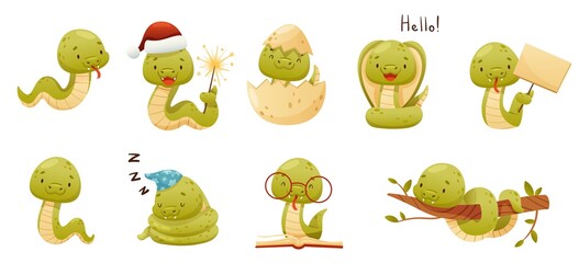 Cute baby snake characters set. Adorable reptile animal in different situations cartoon vector illustration