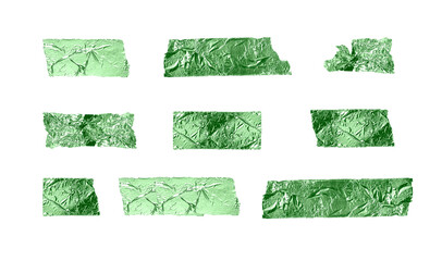 Torn tapes set isolated on white background. Green, glossy sticky pieces of duct tape of different...