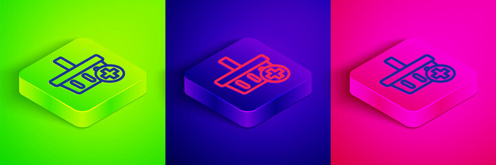 Isometric line Add to Shopping basket icon isolated on green, blue and pink background. Online buying concept. Delivery service. Supermarket basket symbol. Square button. Vector