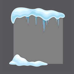 Blank frozen square shape banner with snow and icicles, cold season holiday frame cartoon vector illustration