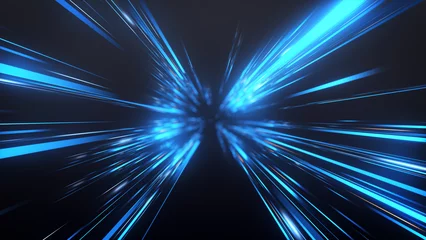 Fotobehang Abstract Dark Glow  Blue light rays Background. Perspective view of Blue laser light burst motion. Long exposure time warp speed Lights lines Blue background zoom in. 4K © suppa