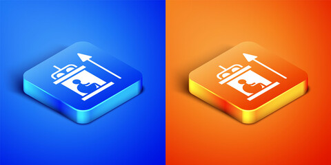 Isometric Elevator for disabled icon isolated on blue and orange background. Square button. Vector