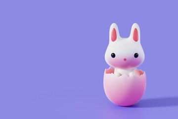 Broken gradient pink egg with a surprise. Easter Bunny on purple background 3d illustration