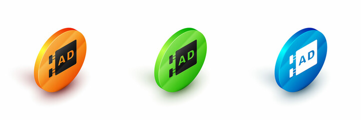 Isometric Advertising icon isolated on white background. Concept of marketing and promotion process. Responsive ads. Social media advertising. Circle button. Vector