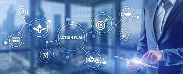 Business Action Plan strategy concept on virtual screen. Time management