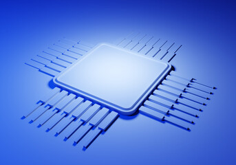 Microprocessor schematic. Processor lines on blue background. Concept of microelectronics production. Computer element in minimalist style. Abstract microprocessor design. 3d rendering.