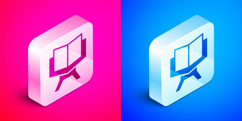 Isometric Holy book of Koran icon isolated on pink and blue background. Muslim holiday, Eid Mubarak, Eid al-fitr, Ramadan Kareem. Silver square button. Vector