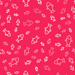 White line Fish icon isolated seamless pattern on red background. Vector