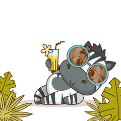 Zebra in sunglasses lies with a cocktail in his hands near the leaves and bushes. Vector illustration for designs, prints and patterns. Isolated on white background
