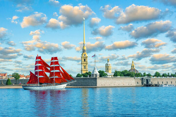 Summer Saint Petersburg. Russia ship. Scarlet Sails Festival. White-red sailboat in Neva river....