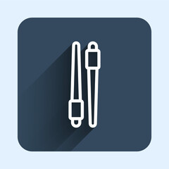 White line Food chopsticks icon isolated with long shadow background. Wooden Korean sticks for Asian dishes. Oriental utensils. Blue square button. Vector