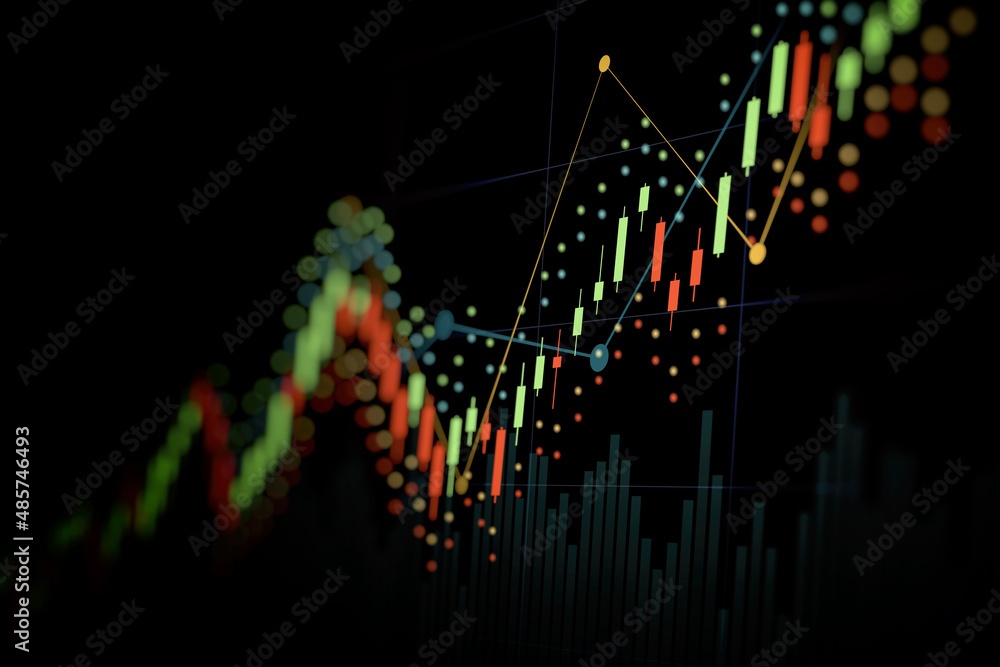 Wall mural Financial graph with up trend line candlestick chart in stock market on black color background
