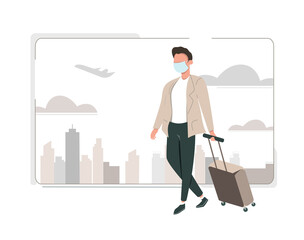 Traveling by plane, checking luggage. Vector illustration of a man at the airport.