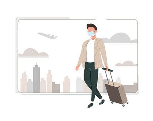 Traveling by plane, checking luggage. Illustration of a man at the airport.