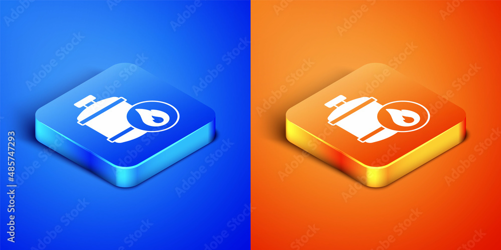 Wall mural isometric propane gas tank icon isolated on blue and orange background. flammable gas tank icon. squ