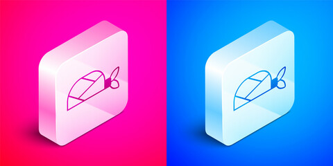 Isometric Pirate bandana for head icon isolated on pink and blue background. Silver square button. Vector