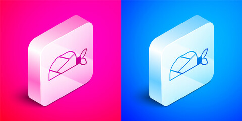 Fototapeta premium Isometric Pirate bandana for head icon isolated on pink and blue background. Silver square button. Vector